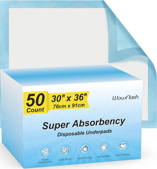 50 Count 36" X 36" Super Absorbency Disposable Underpads - Leakproof Quick Drying Pads for Baby, Puppy & Adults, Bed Pads, Incontinence & Dog Pee