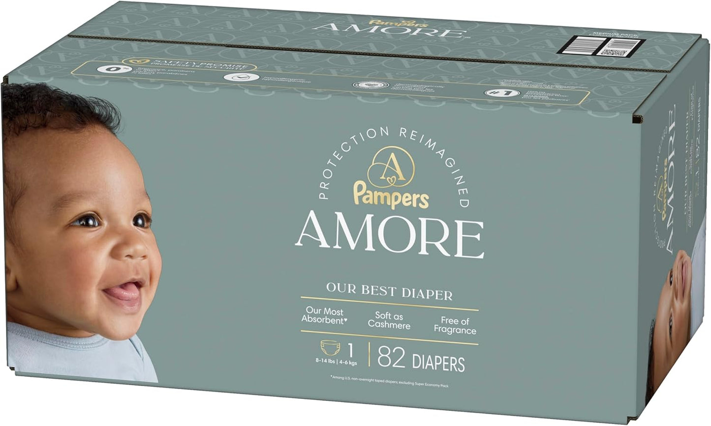 Pampers Amore, Size 1 (8-14 Lbs), 82 Count, Our Best Diaper – Hypoallergenic & Fragrance Free, up to 100% Leakproof, Soft as Cashmere