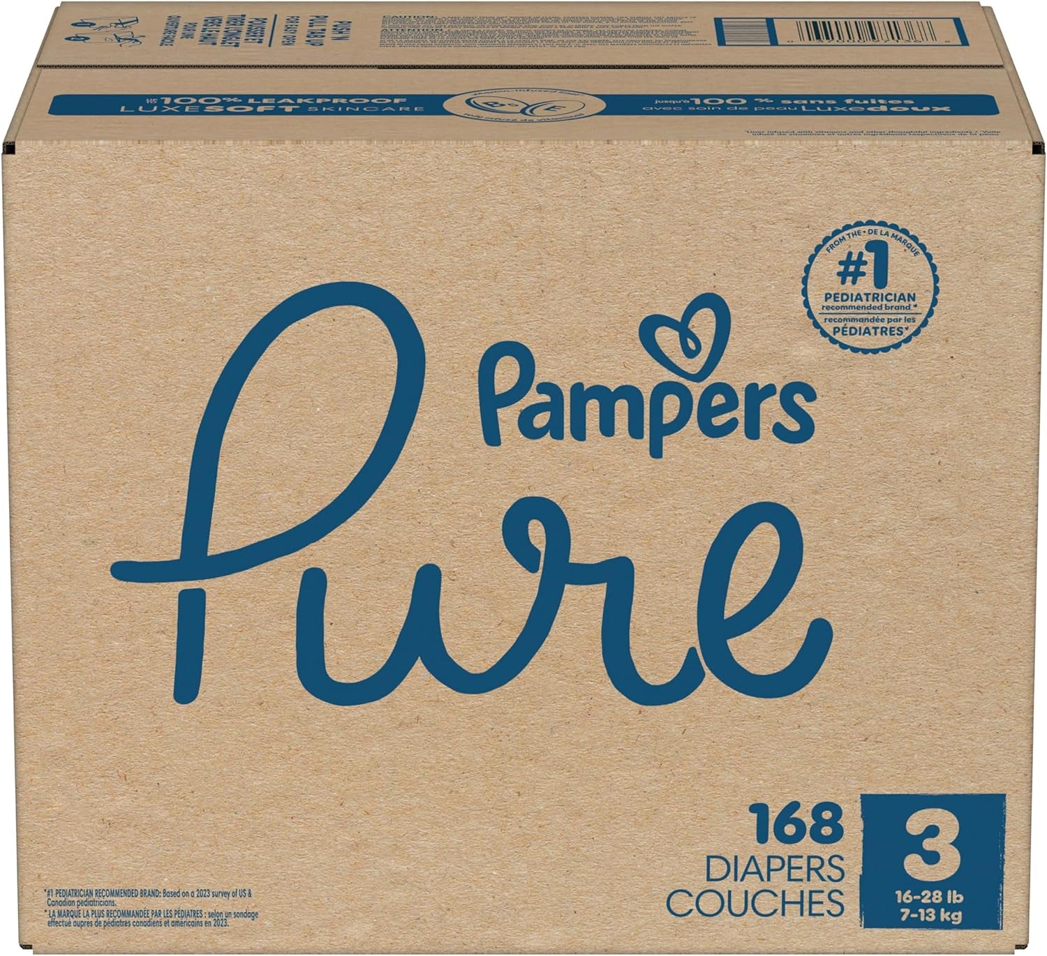Pampers Pure Baby Diapers, Size 3 (16-28 Lbs), 168, up to 100% Leakproof, Premium Hypoallergenic Soft Diapers
