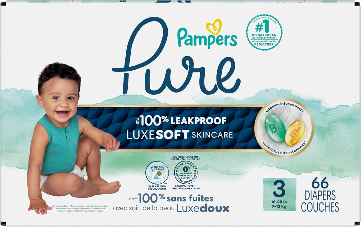 Pampers Pure Baby Diapers, Size 3 (16-28 Lbs), 66, up to 100% Leakproof, Premium Hypoallergenic Soft Diapers
