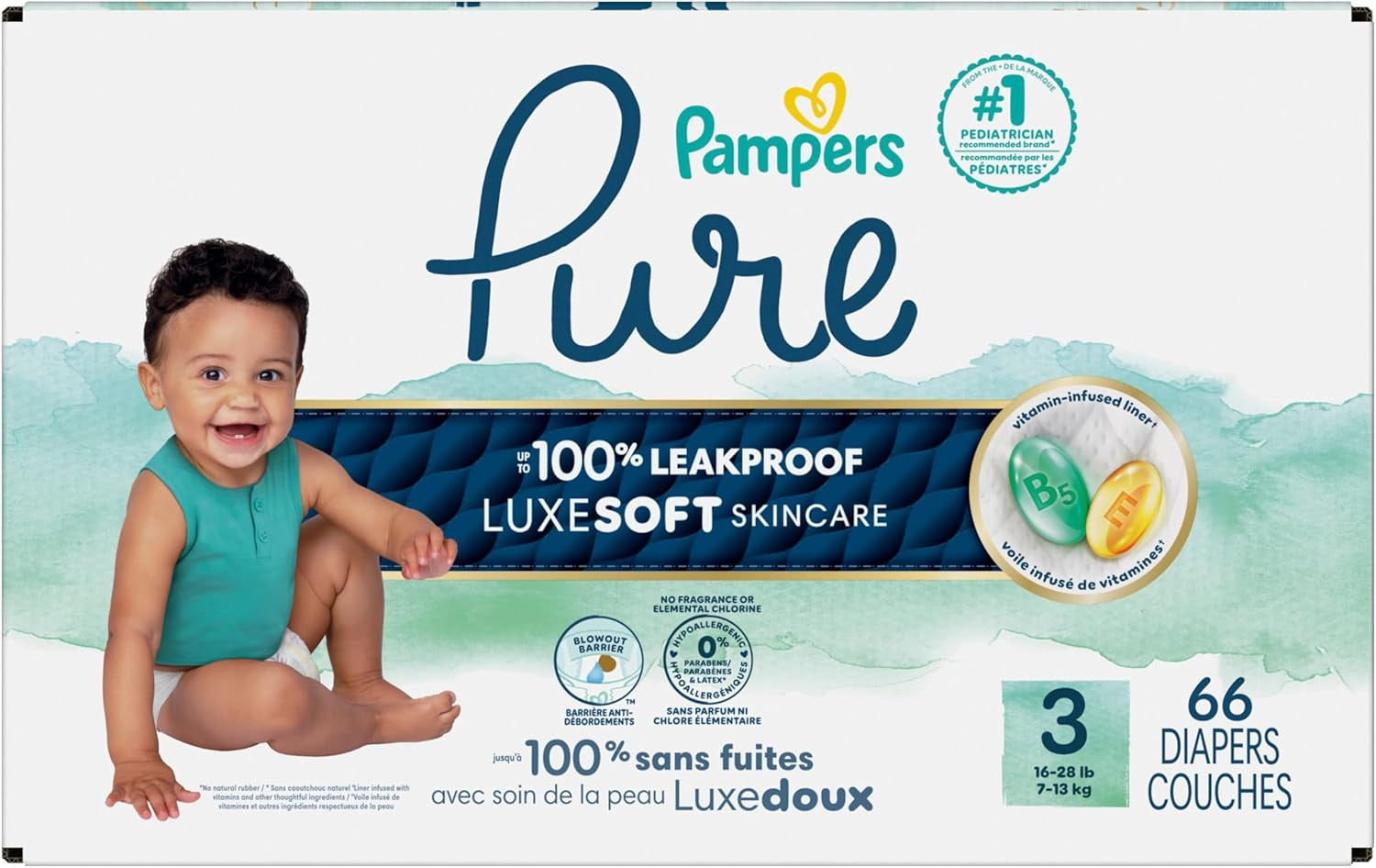 Pampers Pure Baby Diapers, Size 3 (16-28 Lbs), 66, up to 100% Leakproof, Premium Hypoallergenic Soft Diapers