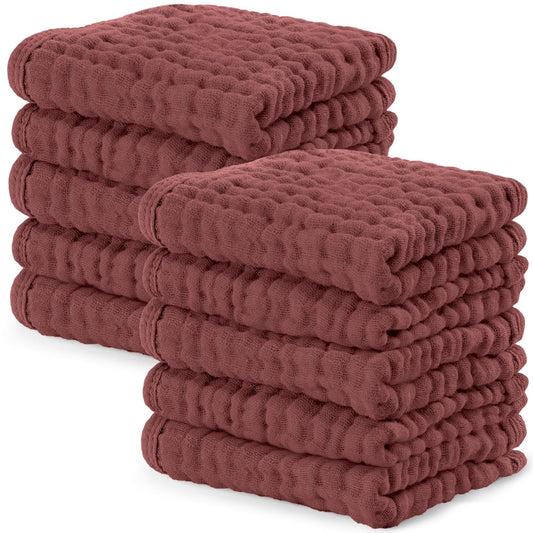 Comfy Cubs Muslin Baby Washcloths 10 Pack - Soft 6-Layer Cotton Wash Cloths for Sensitive Skin - 10"X10" Large, Gentle, Absorbent Infant Essentials for Newborn and Toddlers - Wine