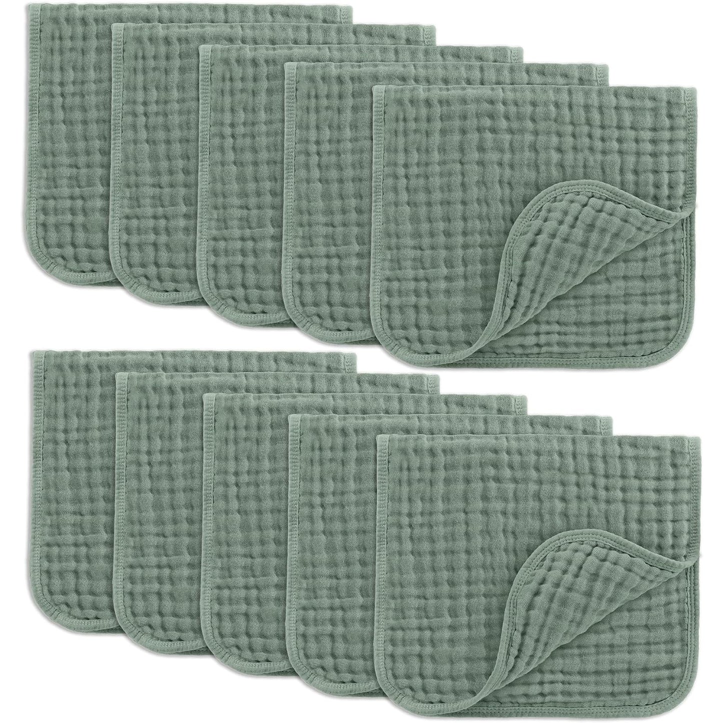Comfy Cubs Muslin Burp Cloths 20" X 10", Pack of 10 - Large, 6-Layer, Ultra Absorbent 100% Cotton for Baby Drool and Messes - Soft, Safe & Gentle Baby Burp Cloths for Boys & Girls - Fern