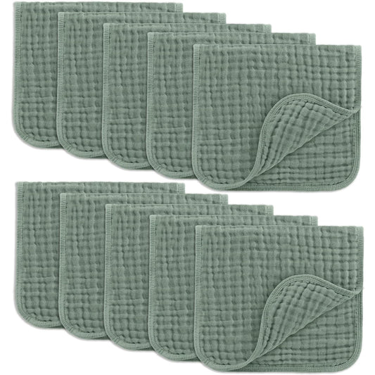 Comfy Cubs Muslin Burp Cloths 20" X 10", Pack of 10 - Large, 6-Layer, Ultra Absorbent 100% Cotton for Baby Drool and Messes - Soft, Safe & Gentle Baby Burp Cloths for Boys & Girls - Fern