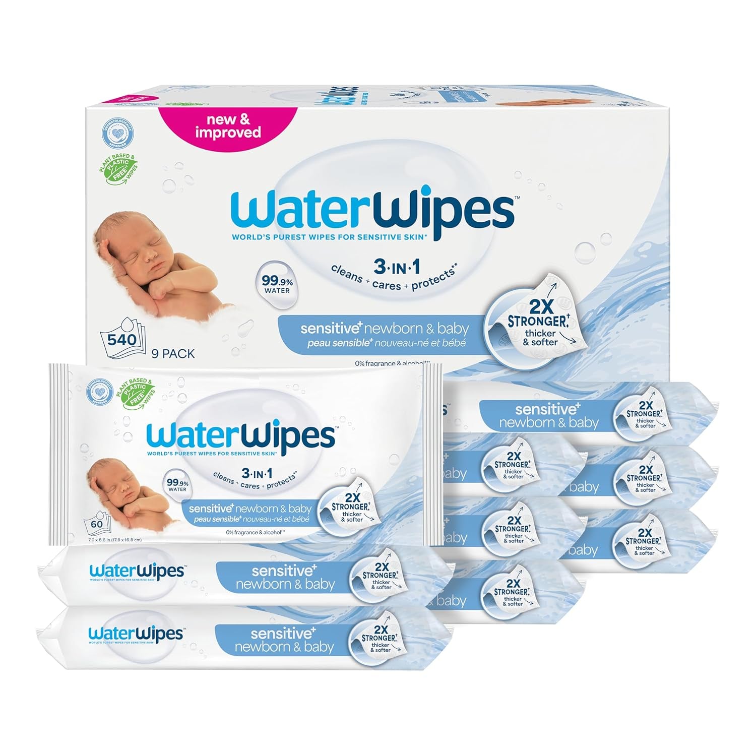 Waterwipes Sensitive+ Newborn & Baby Wipes, 3-In-1 Cleans, Cares, Protects, 99.9% Water, Unscented & Hypoallergenic, 540 Count (9 Packs)
