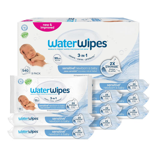WaterWipes Sensitive+ Newborn & Baby Wipes, hypoallergenic baby wipes, 540 count, unscented and gentle for sensitive skin.