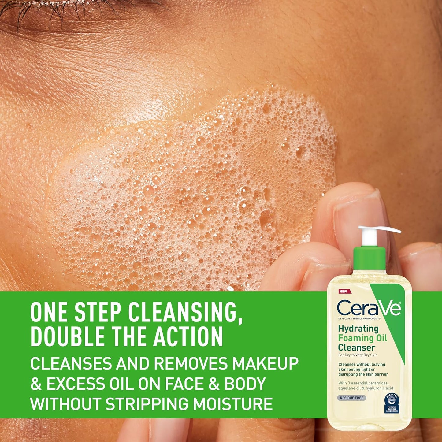 CeraVe Hydrating Foaming Oil Cleanser with squalane, foaming action for face and body, removes makeup and excess oil.
