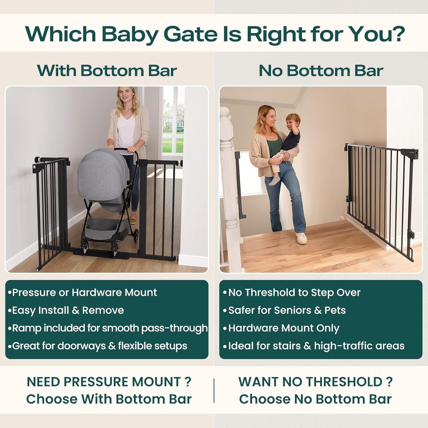 Cumbor 29.7-46" Baby Gate for Stairs, Mom'S Choice Awards Winner-Auto Close Dog Gate for the House, Gifts for Mom, Easy Install Pressure Mounted Pet Gates for Doorways, Black