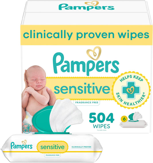Pampers Sensitive Baby Wipes, Clinically Proven, Fragrance Free, Unscented, Water Based, Hypoallergenic, Multi-Use, Hand Wipes 504 Wipes Total (6X Flip-Top Packs) [Packaging May Vary]