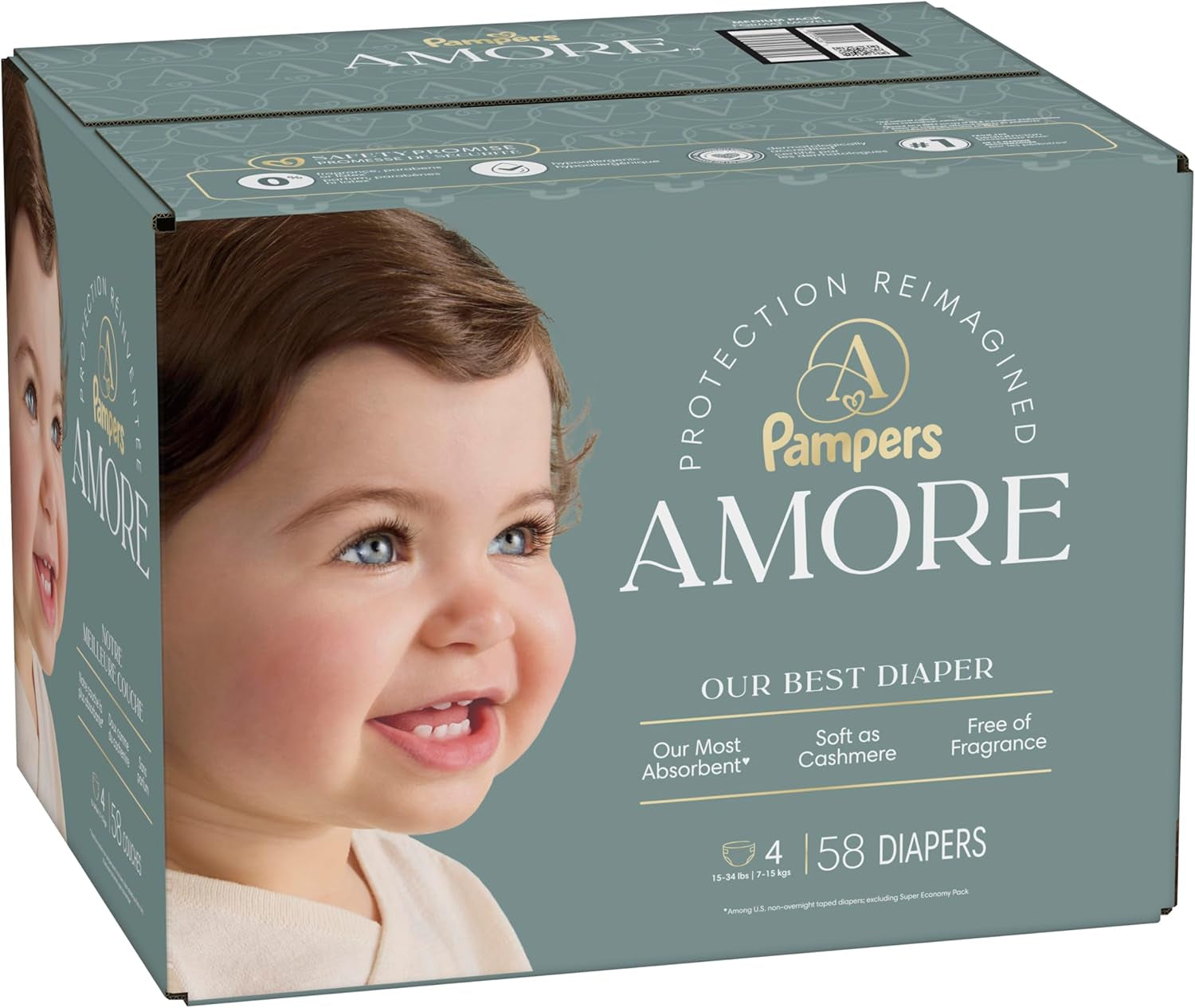 Pampers Amore, Size 4 (15-34 Lbs), 58 Count, Our Best Diaper – Hypoallergenic & Fragrance Free, up to 100% Leakproof, Soft as Cashmere