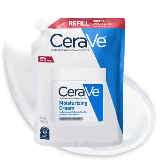CeraVe moisturizing cream refill pouch for face and body, 16 oz, dermatologist-developed moisturizer.