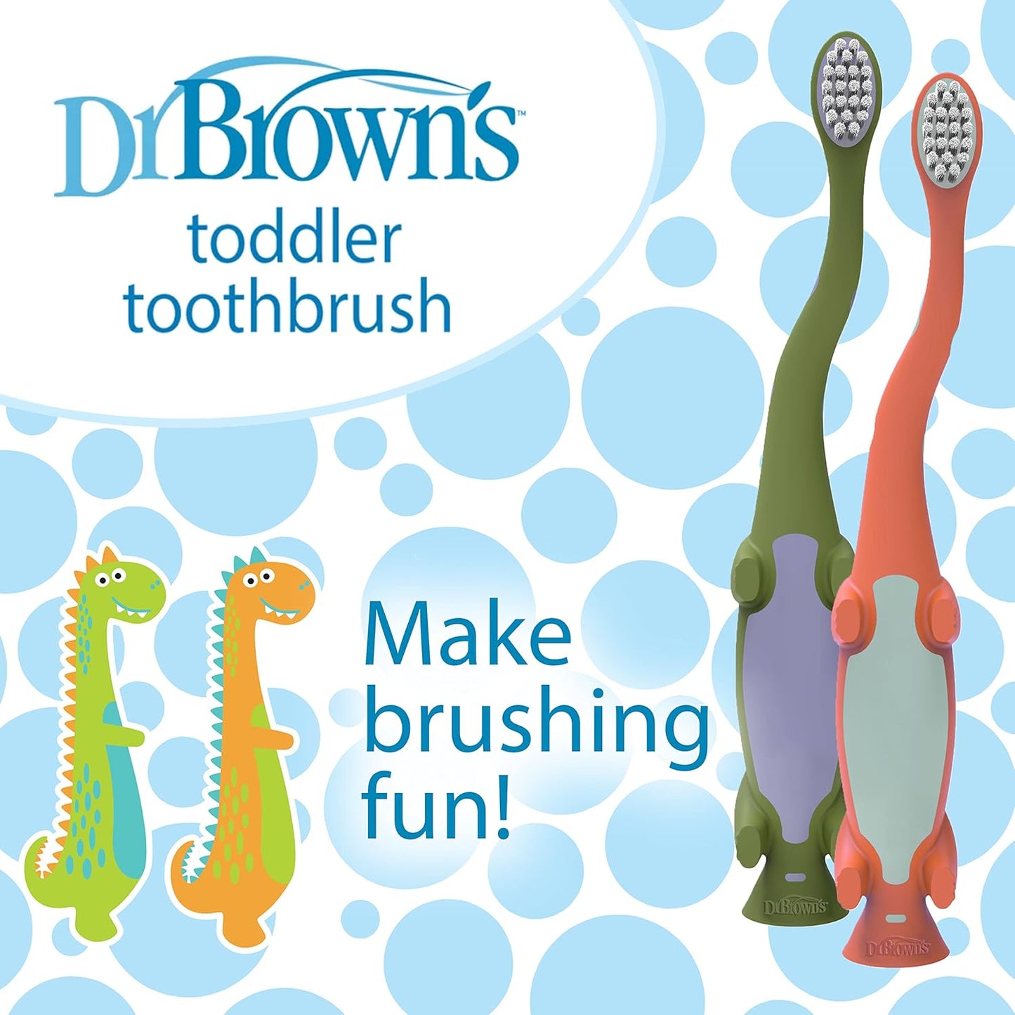 Dinosaur toddler toothbrush 2-pack by Dr. Brown, featuring bright colors and ergonomic design for fun brushing.