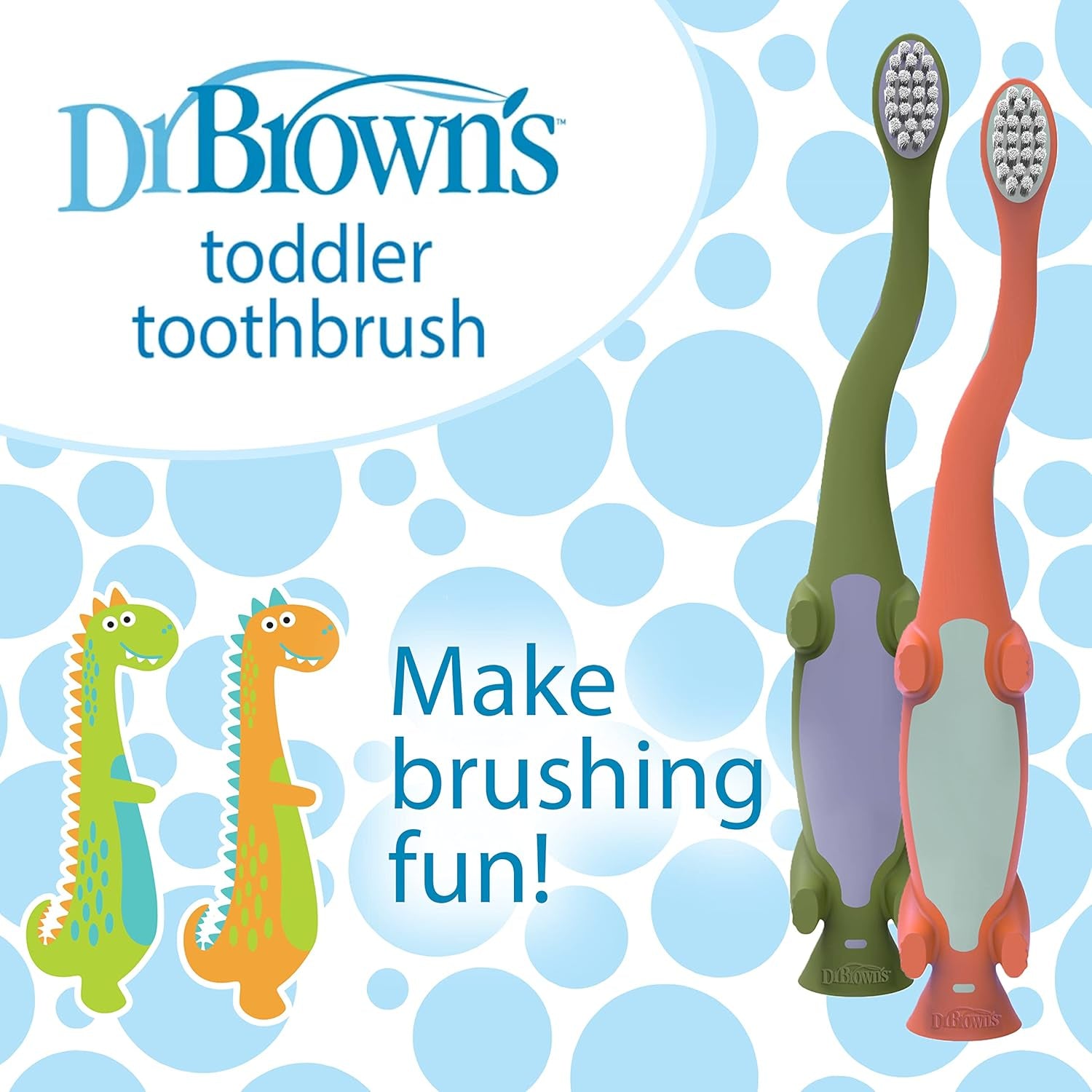 Dinosaur toddler toothbrush 2-pack by Dr. Brown, featuring bright colors and ergonomic design for fun brushing.