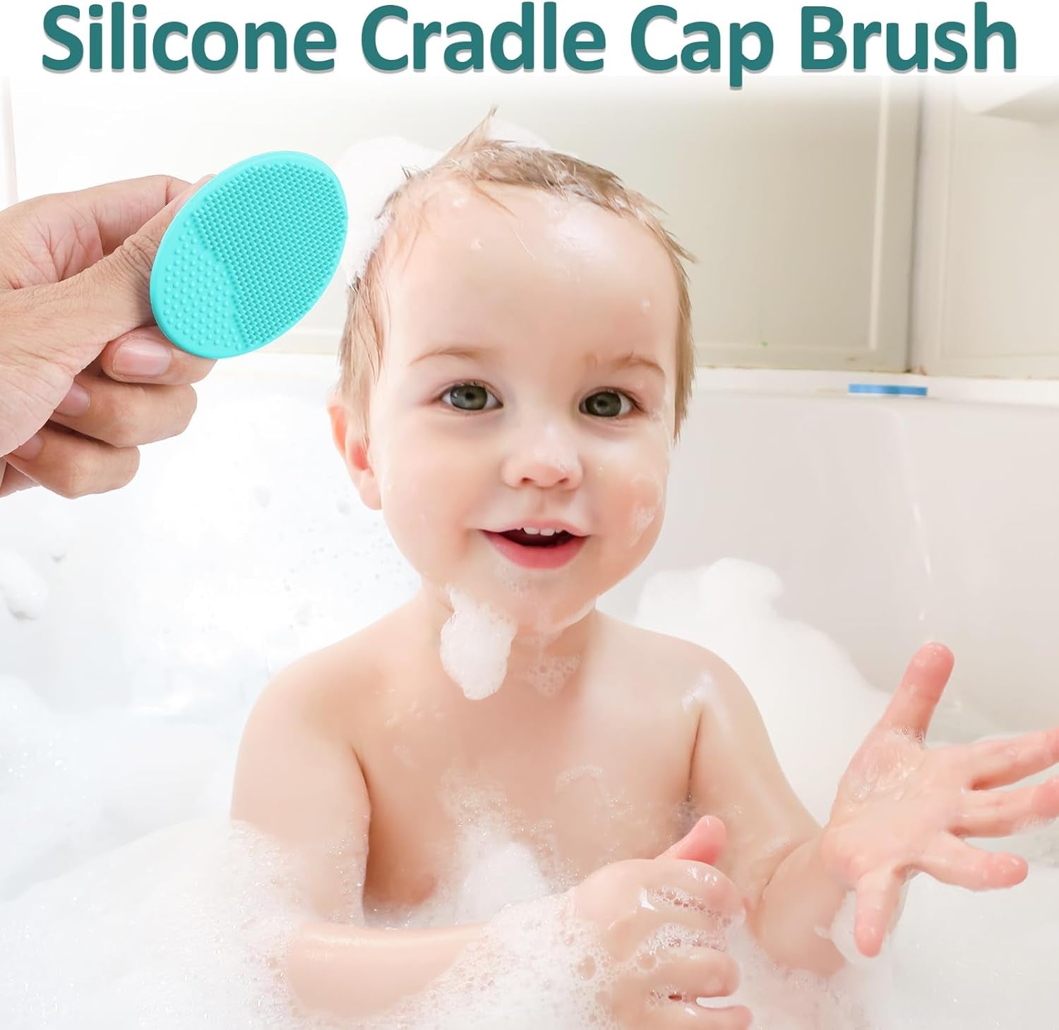 Baby grooming kit essentials with a silicone cradle cap brush being used on a smiling infant in a bubbly bath.