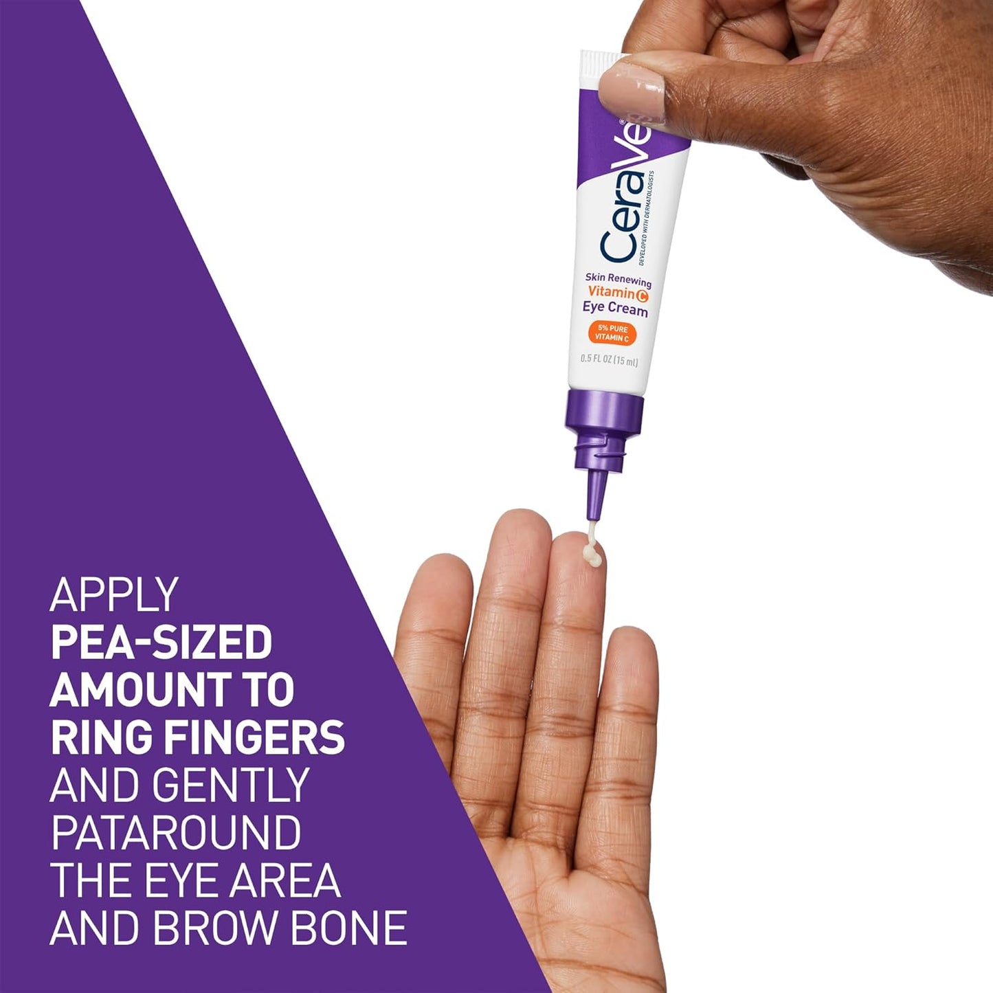 Applying CeraVe Vitamin C Eye Cream for Dark Circles to the hand, showing pea-sized amount for eye area.