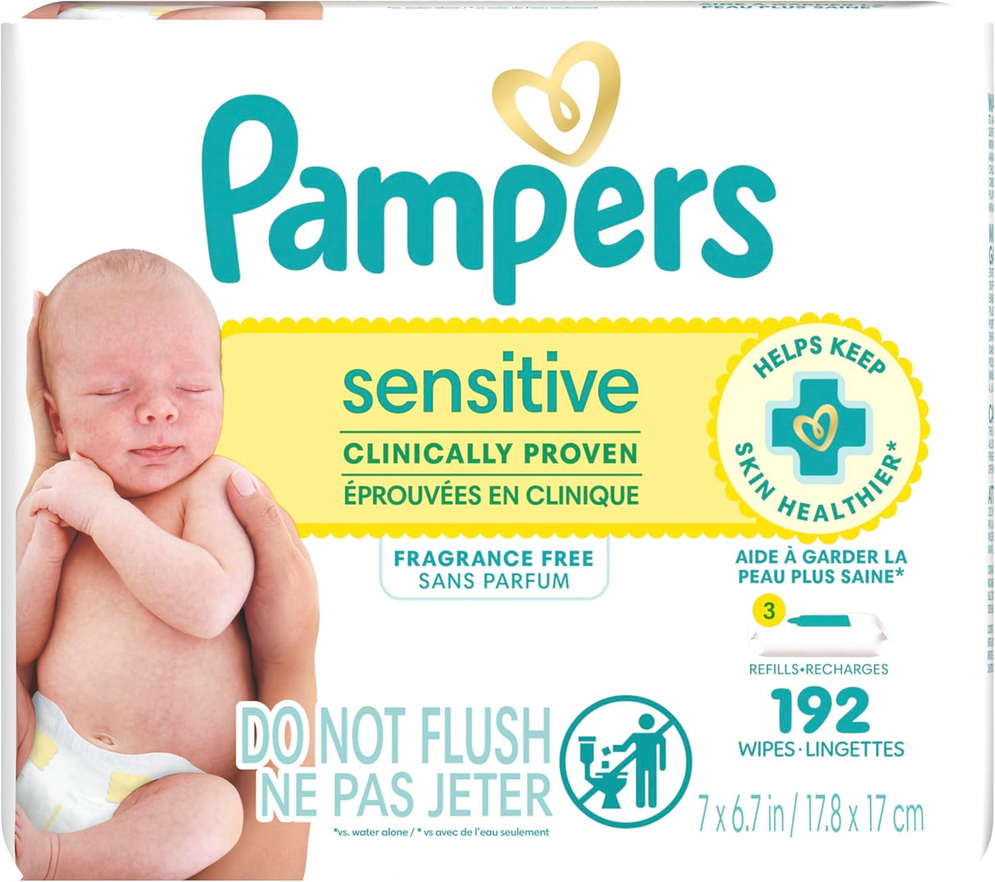 Pampers Sensitive Baby Wipes, Water Based Baby Wipes, Fragrance Free and Hypoallergenic, 192 Wipes Total (4X Refill Packs) [Packaging May Vary]