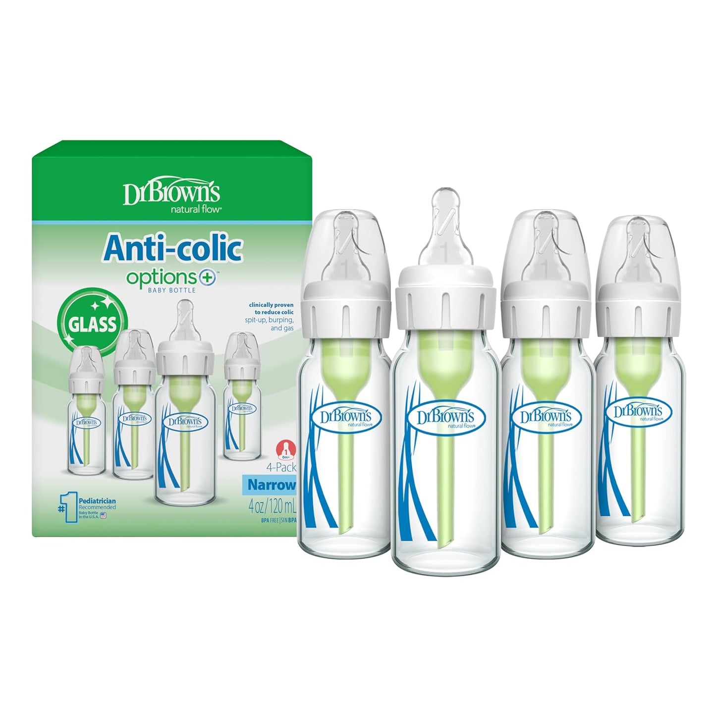 Dr. Brown'S Anti-Colic Options+ Narrow Glass Baby Bottle with Level 1 Slow Flow Nipple, Bpa-Free, 4 Oz/120Ml, 4-Pack