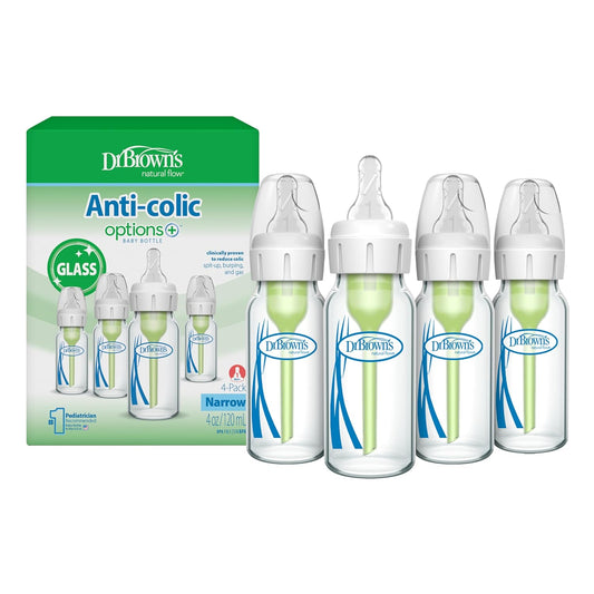 Dr. Brown'S Anti-Colic Options+ Narrow Glass Baby Bottle with Level 1 Slow Flow Nipple, Bpa-Free, 4 Oz/120Ml, 4-Pack