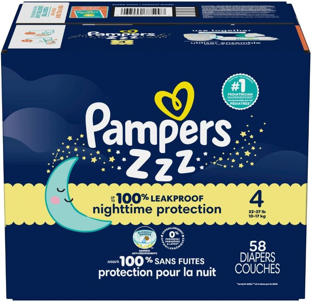 Pampers ZZZ Overnight Diapers, Size 4 (22-37 Lbs), 58 Count, Nighttime Protection Disposable Baby Diaper, Night Time Leak and Skin Protection