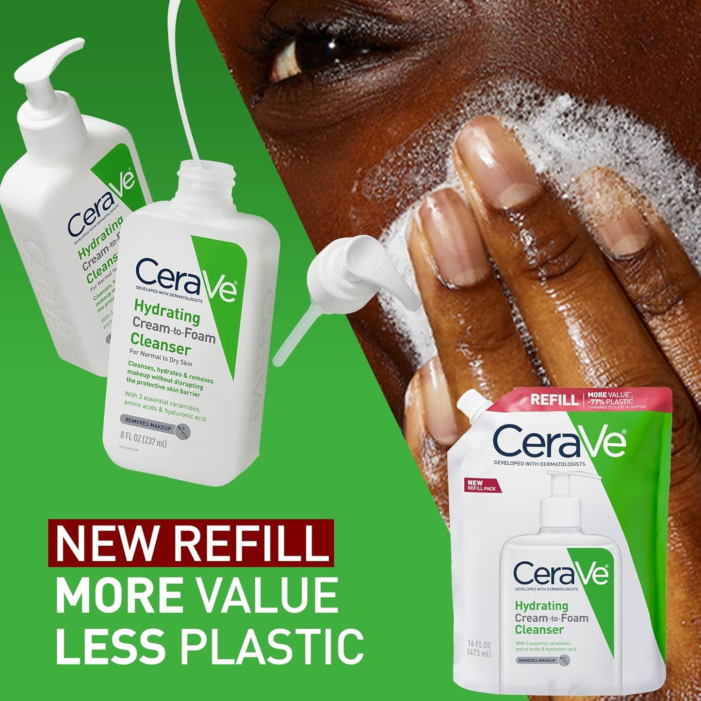 CeraVe Hydrating Cream To Foam Cleanser Face Wash 16 oz Eco Refill Pouch