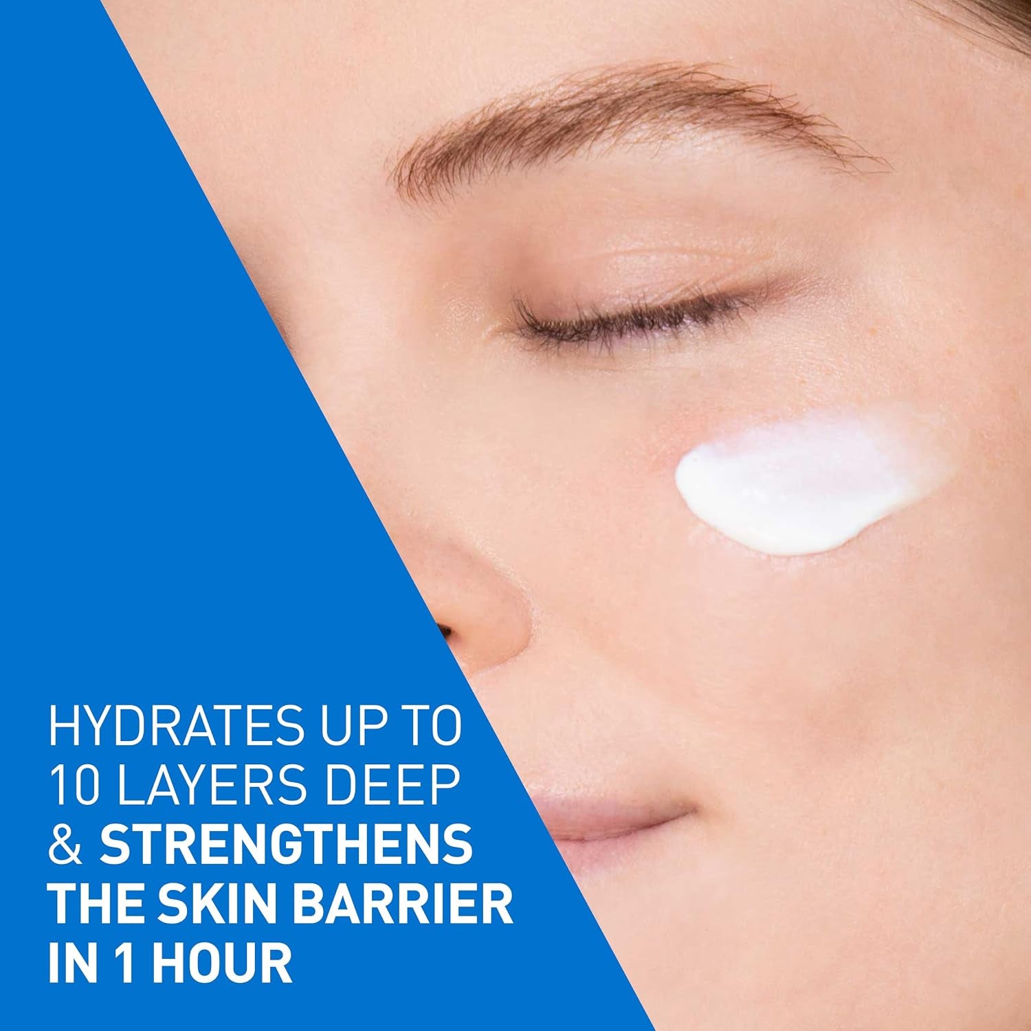 CeraVe AM facial sunscreen SPF 30 on a person's face showing hydration and skin barrier protection benefits.