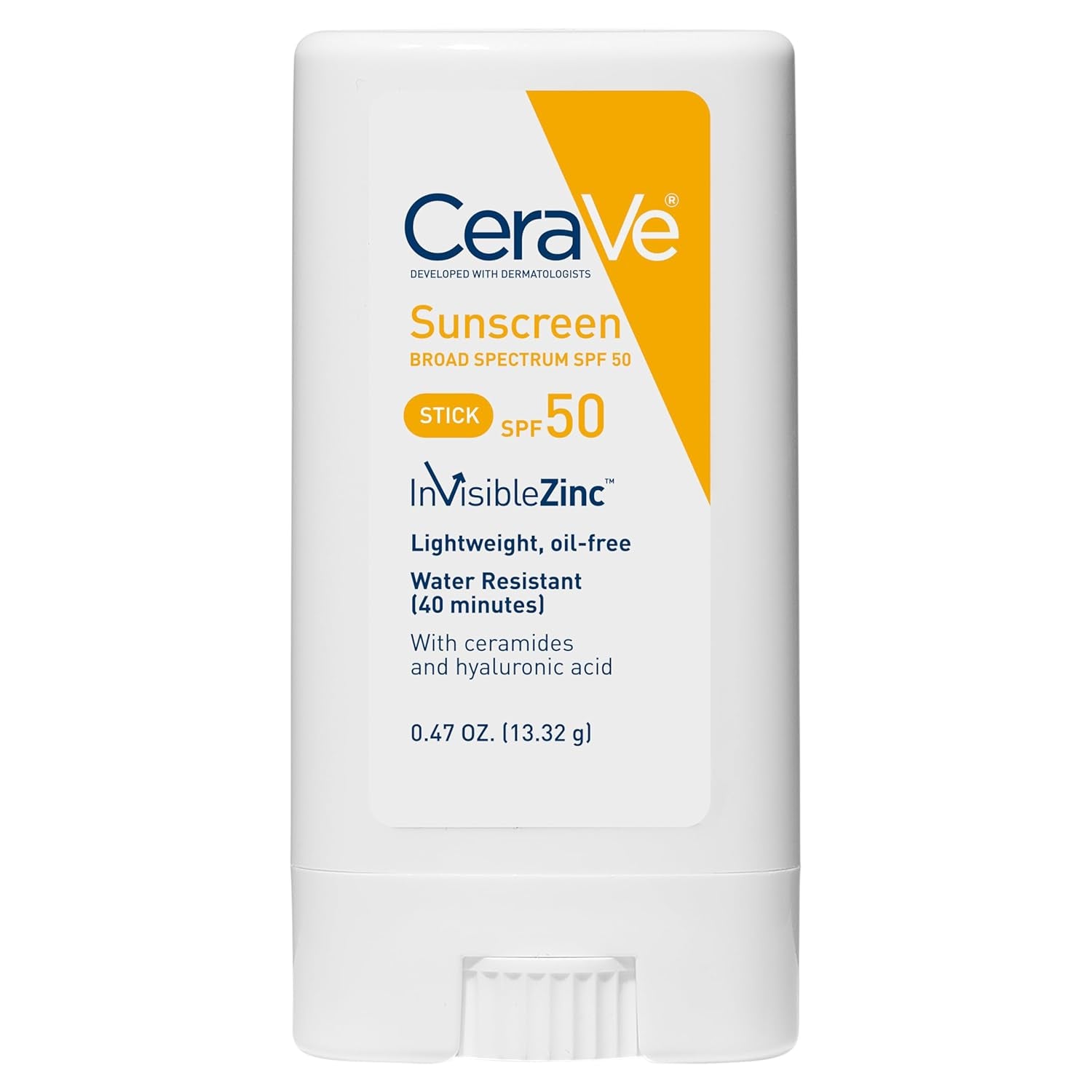 CeraVe mineral sunscreen stick SPF 50 product packaging with broad-spectrum sun protection and lightweight design.