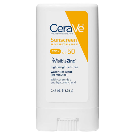 CeraVe mineral sunscreen stick SPF 50 product packaging with broad-spectrum sun protection and lightweight design.