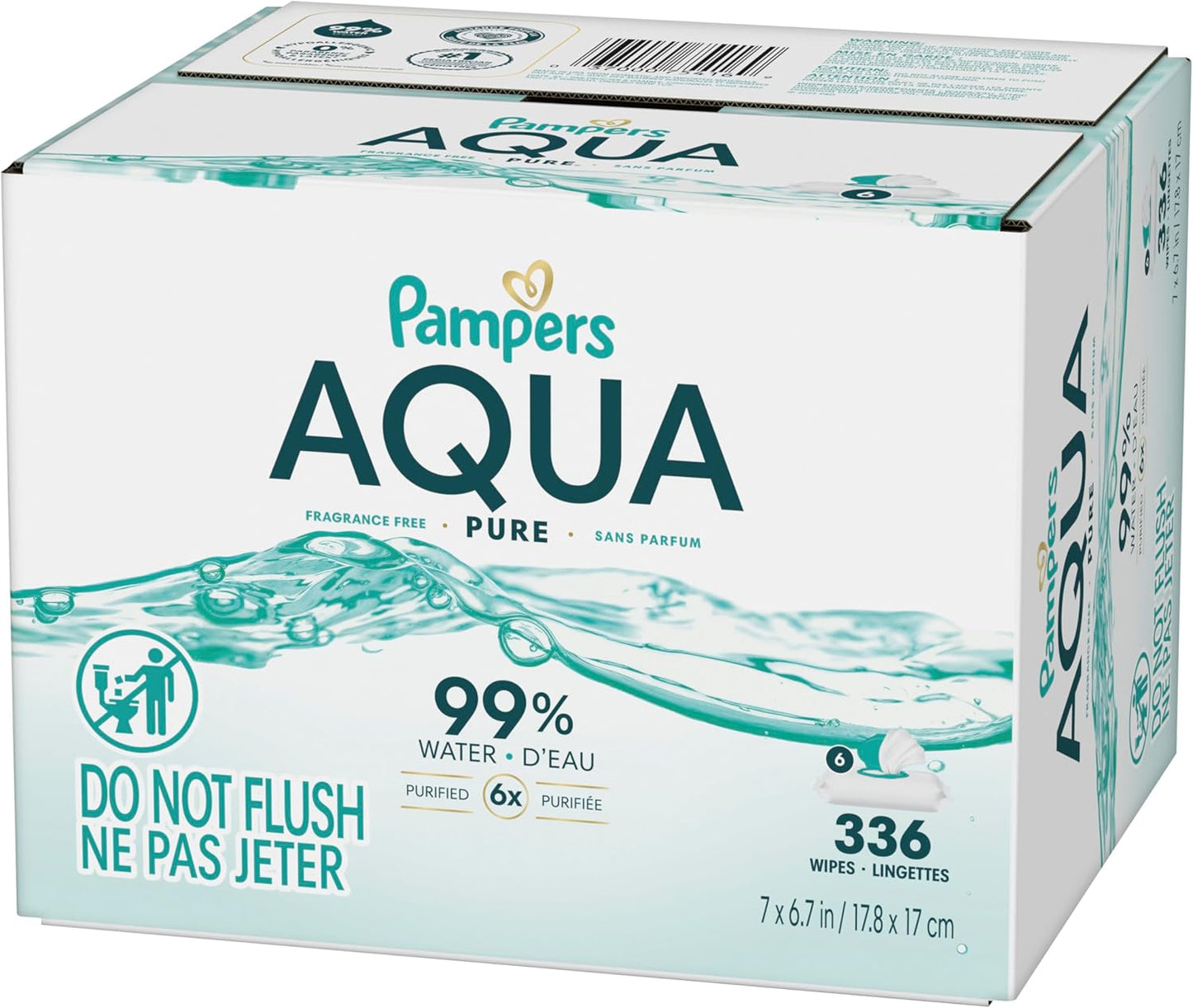 Pampers Aqua Pure Baby Wipes, 99% Water, Fragrance Free, Unscented, Water Based, Multi-Use, 336 Wipes Total (6X Flip-Top Packs) [Packaging May Vary]