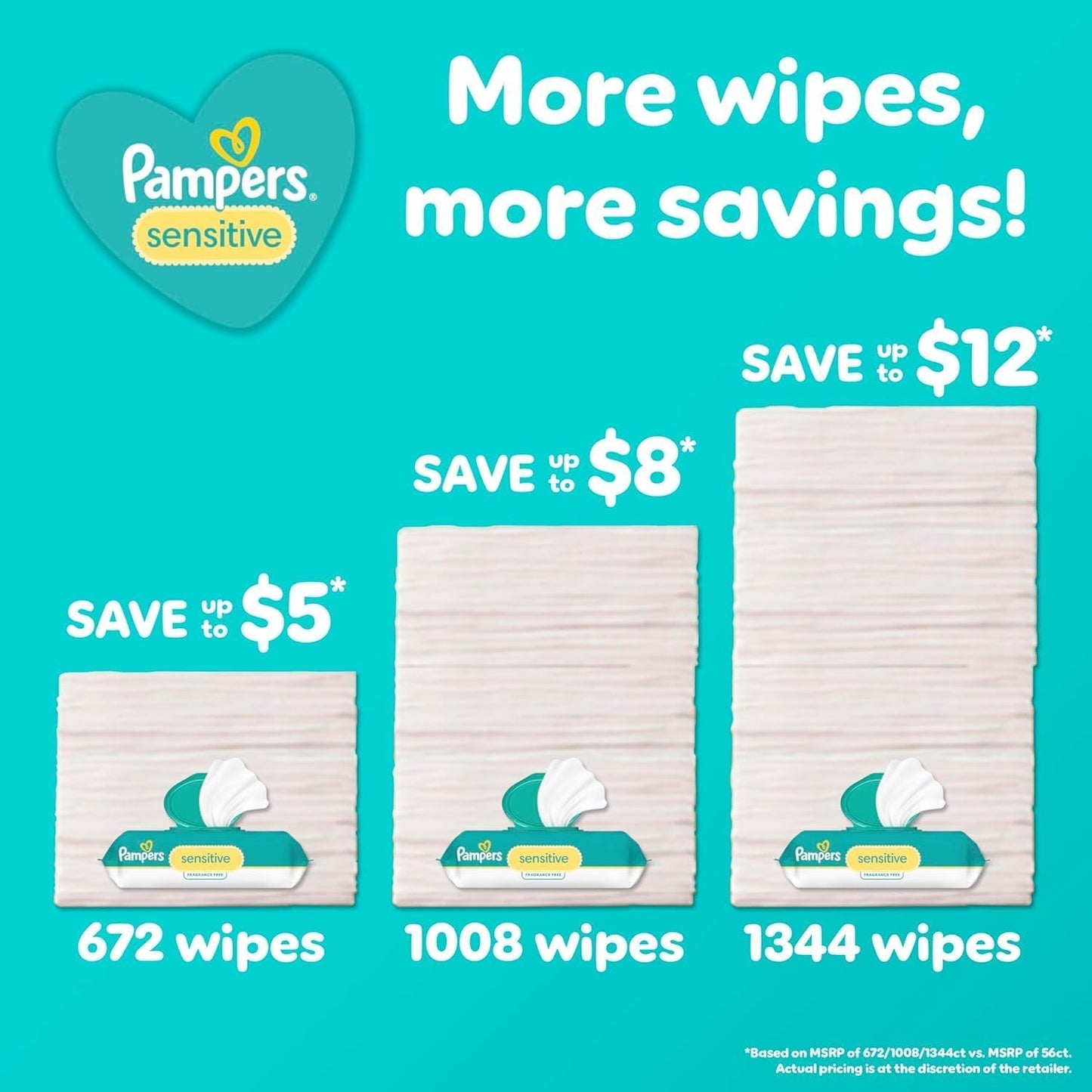 Pampers Sensitive Baby Wipes, Water Based Baby Wipes, Fragrance Free and Hypoallergenic, 192 Wipes Total (4X Refill Packs) [Packaging May Vary]
