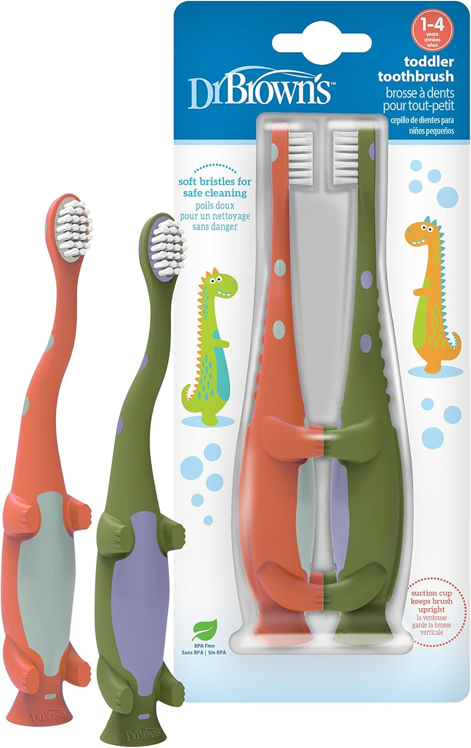 Baby & Toddler Toothbrush Dinosaur Design 2-Pack ages 1-4 for gentle cleaning, ideal for little hands and mouths.