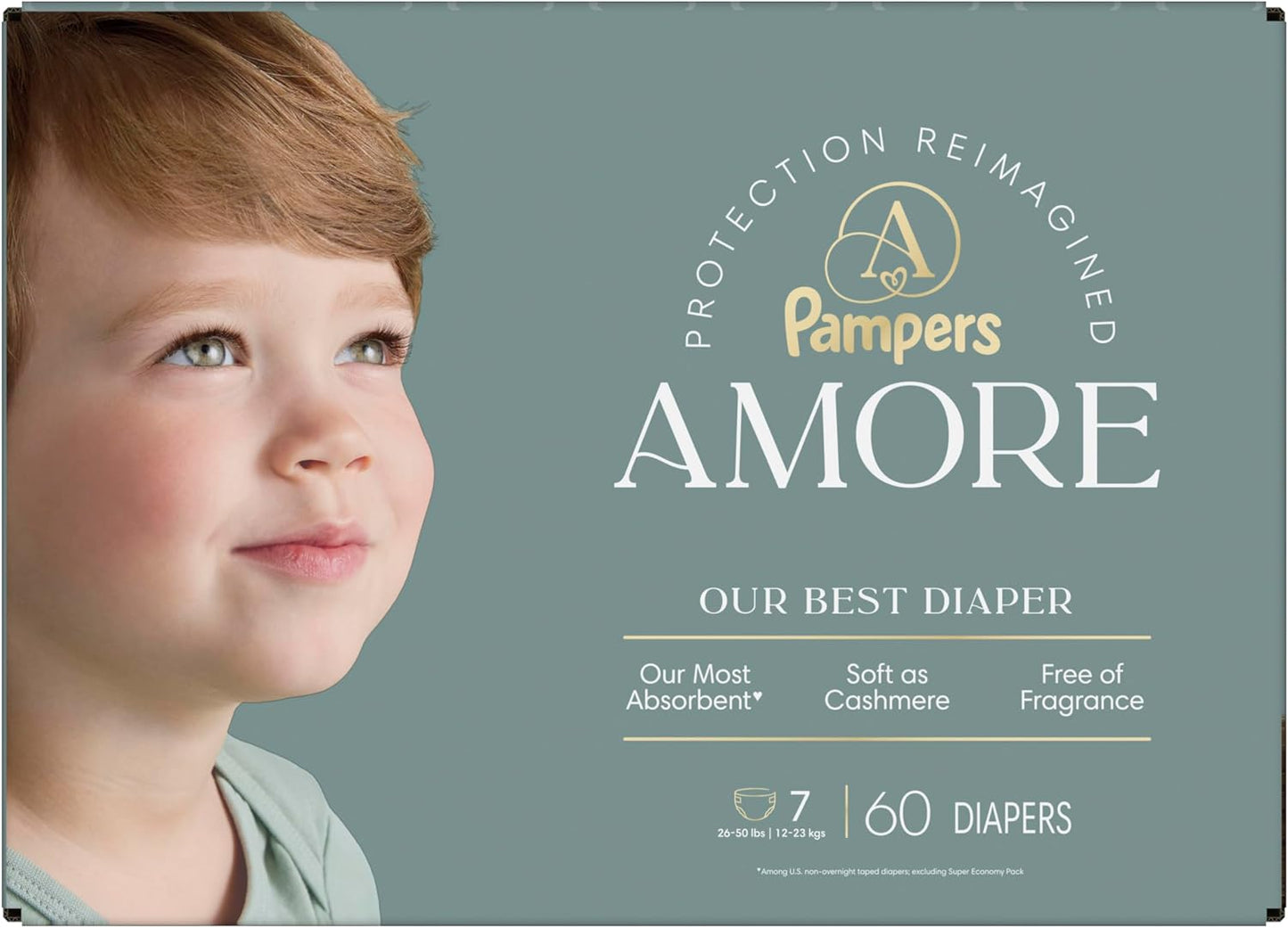 Pampers Amore, Size 7 (26-50 Lbs), 60 Count, Our Best Diaper – Hypoallergenic & Fragrance Free, up to 100% Leakproof, Soft as Cashmere