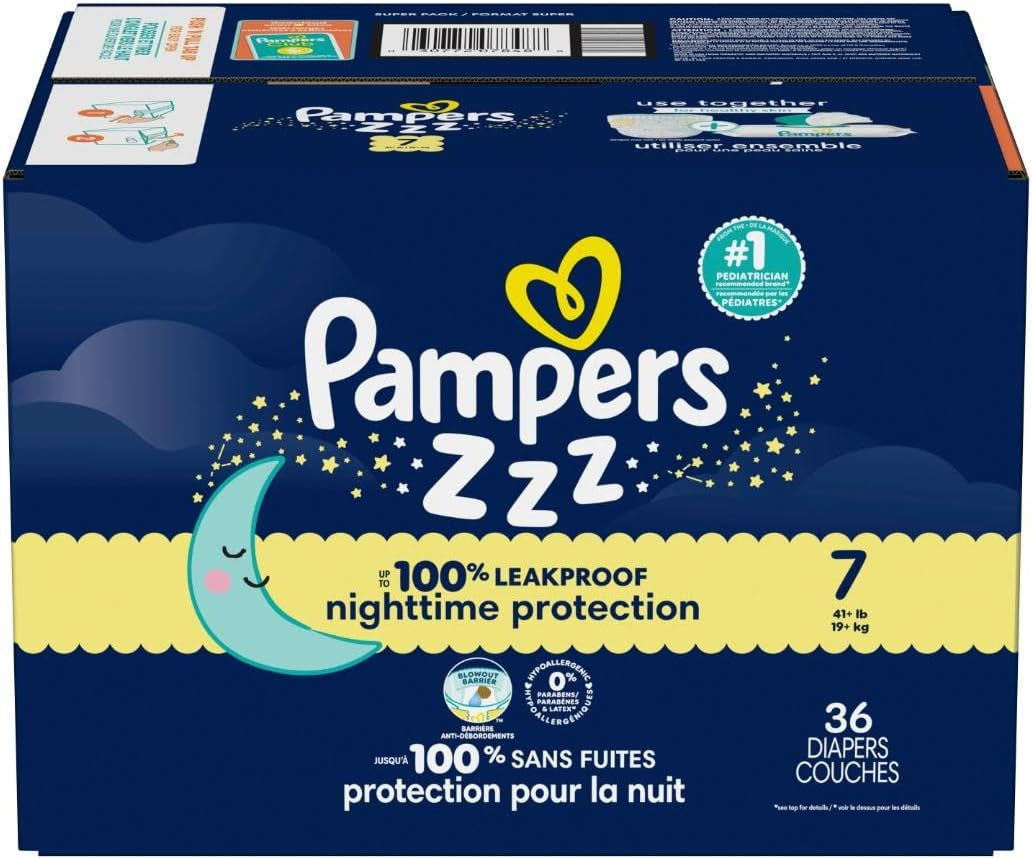 Pampers ZZZ Overnight Diapers, Size 7 (41+ Lbs), 36 Count, Nighttime Protection Disposable Baby Diaper, Night Time Leak and Skin Protection