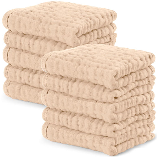 Comfy Cubs Muslin Baby Washcloths 10 Pack - Soft 6-Layer Cotton Wash Cloths for Sensitive Skin - 10"X10" Large, Gentle, Absorbent Infant Essentials for Newborn and Toddlers - Cream