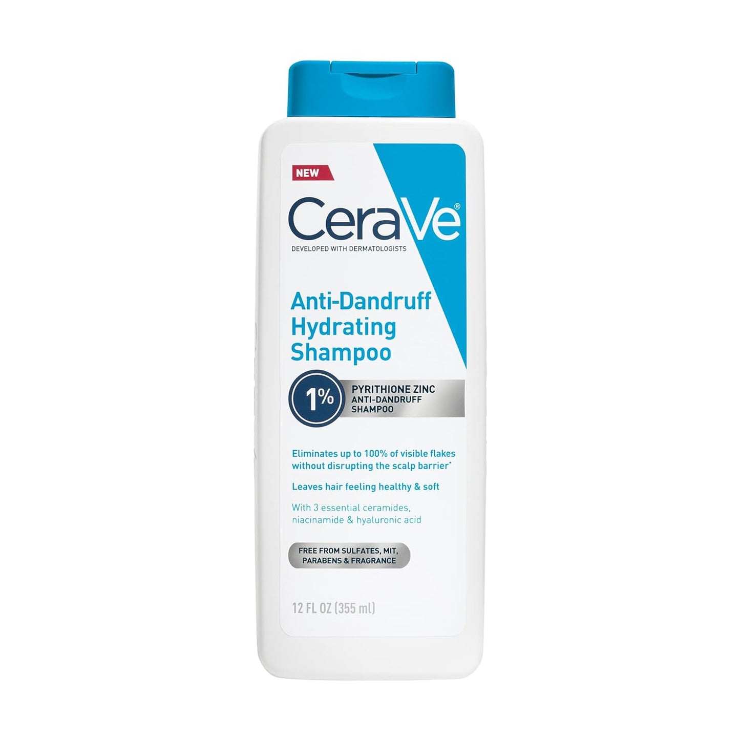 CeraVe anti dandruff shampoo bottle with hydrating formula and 1% Pyrithione Zinc for scalp health.