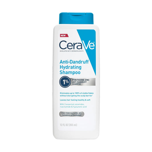 CeraVe anti dandruff shampoo bottle with hydrating formula and 1% Pyrithione Zinc for scalp health.