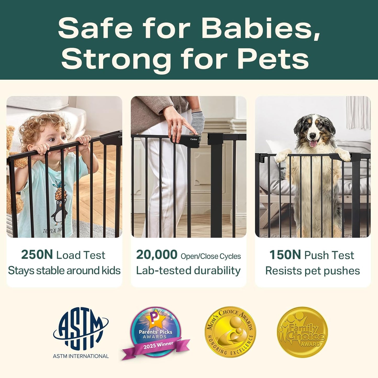 Cumbor 30-54" Extra Wide Baby Gate for Stairs, Dual Lock & Self-Closing Dog Gate Indoor, Easy Install Pet Gate for Doorways, Hallways & Kitchen, Easy Walk Thru Safety Proofing for Babies & Pets, Brown