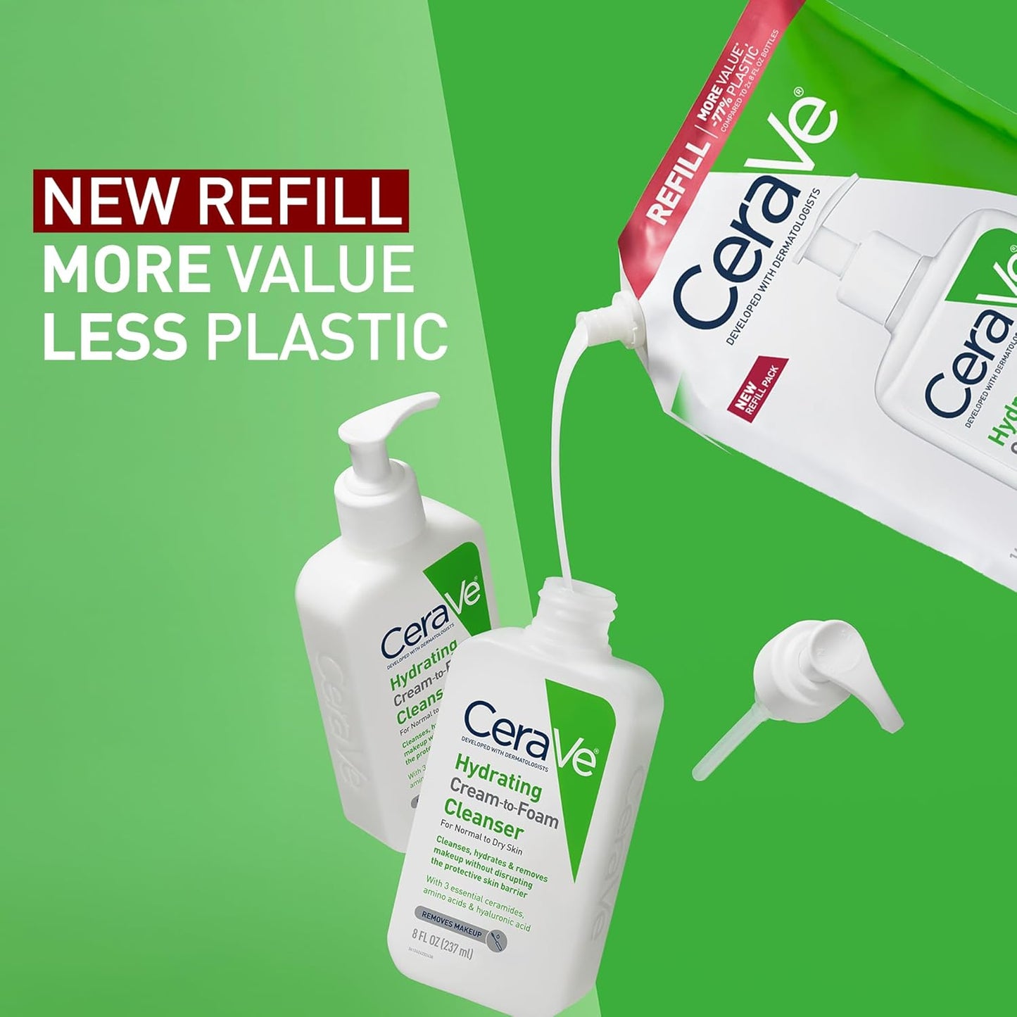 CeraVe hydrating cream to foam cleanser refill pouch next to two pump bottles on a green background.
