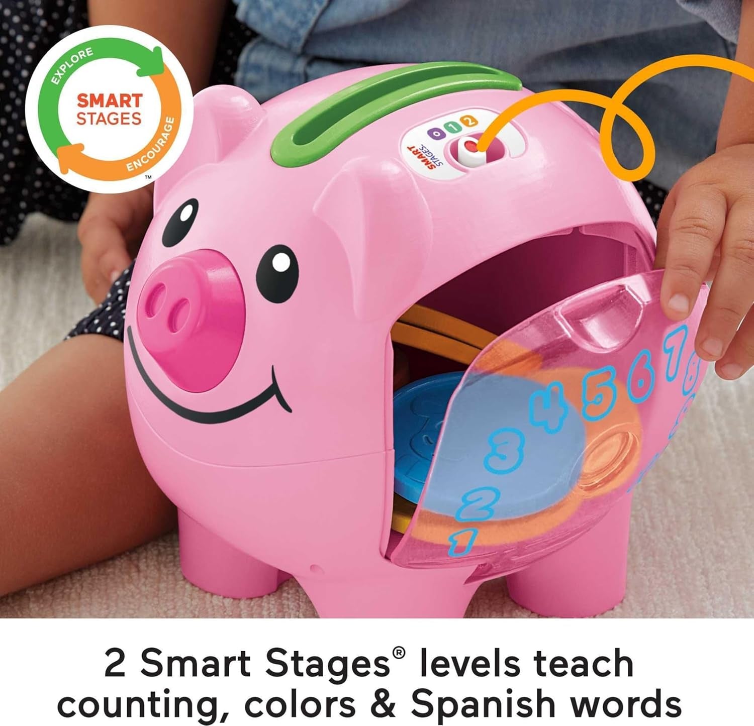 Fisher-Price Smart Stages piggy bank toy with colorful coins teaching numbers and Spanish words.