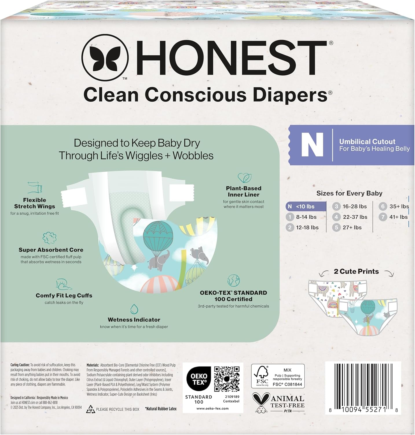The Honest Company Comfort Dry Disposable Daytime Diapers for Sensitive Skin, Hypoallergenic, above It All + All the Alpacas, Club Box Size Newborn 72 Count