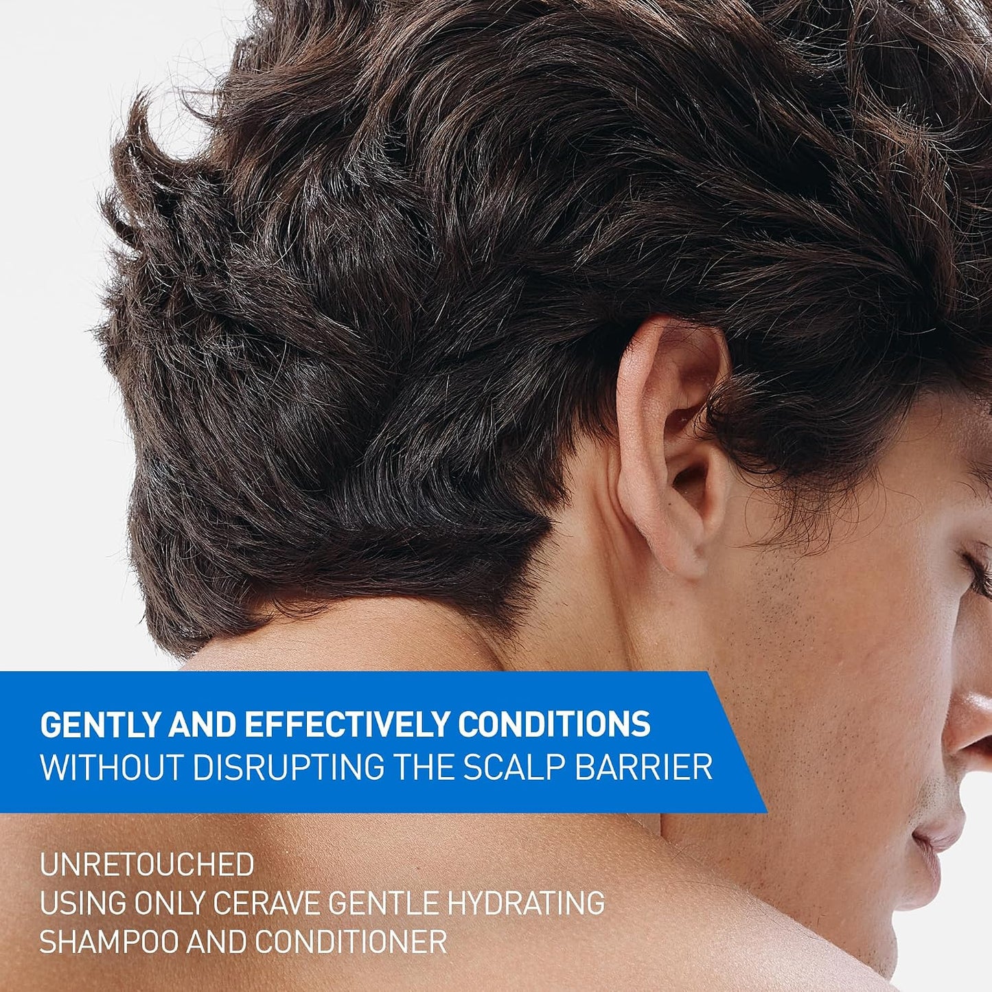 Close-up of man with healthy hair showing results from gentle hydrating shampoo and conditioner set for scalp care.