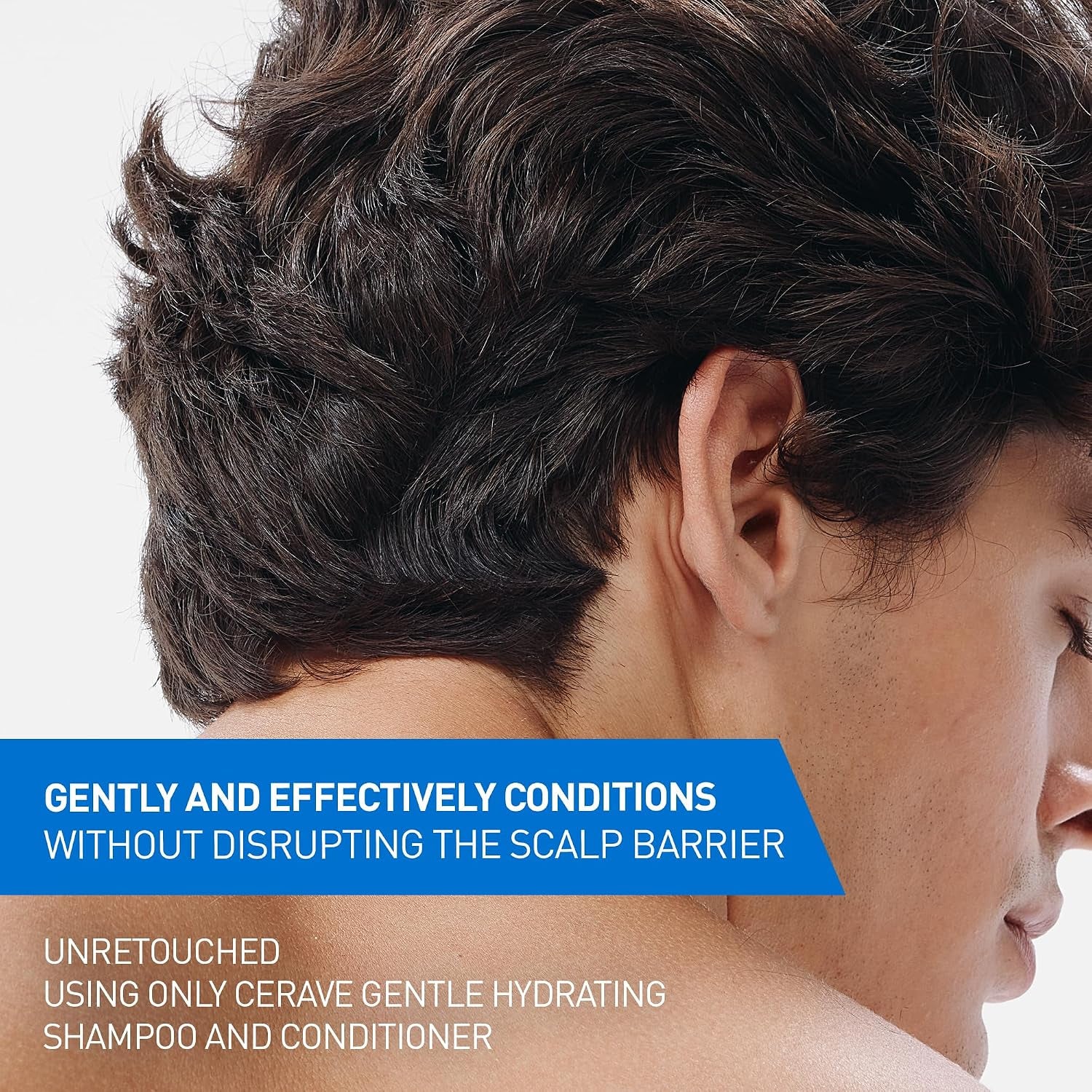 Close-up of man with healthy hair showing results from gentle hydrating shampoo and conditioner set for scalp care.