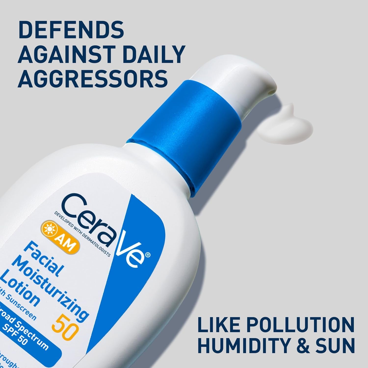 CeraVe facial moisturizing lotion set showing AM sunscreen lotion with SPF 50, protecting against pollution and sun.