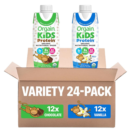 Orgain Organic Kids Dairy Nutritional Protein Shakes, Chocolate 12‑Pack + Vanilla 12‑Pack, 8G Protein, 3G Fiber, 22 Vitamins & Minerals, No Soy Ingredients, Gluten Free, Non‑Gmo, 8.25 Fl Oz