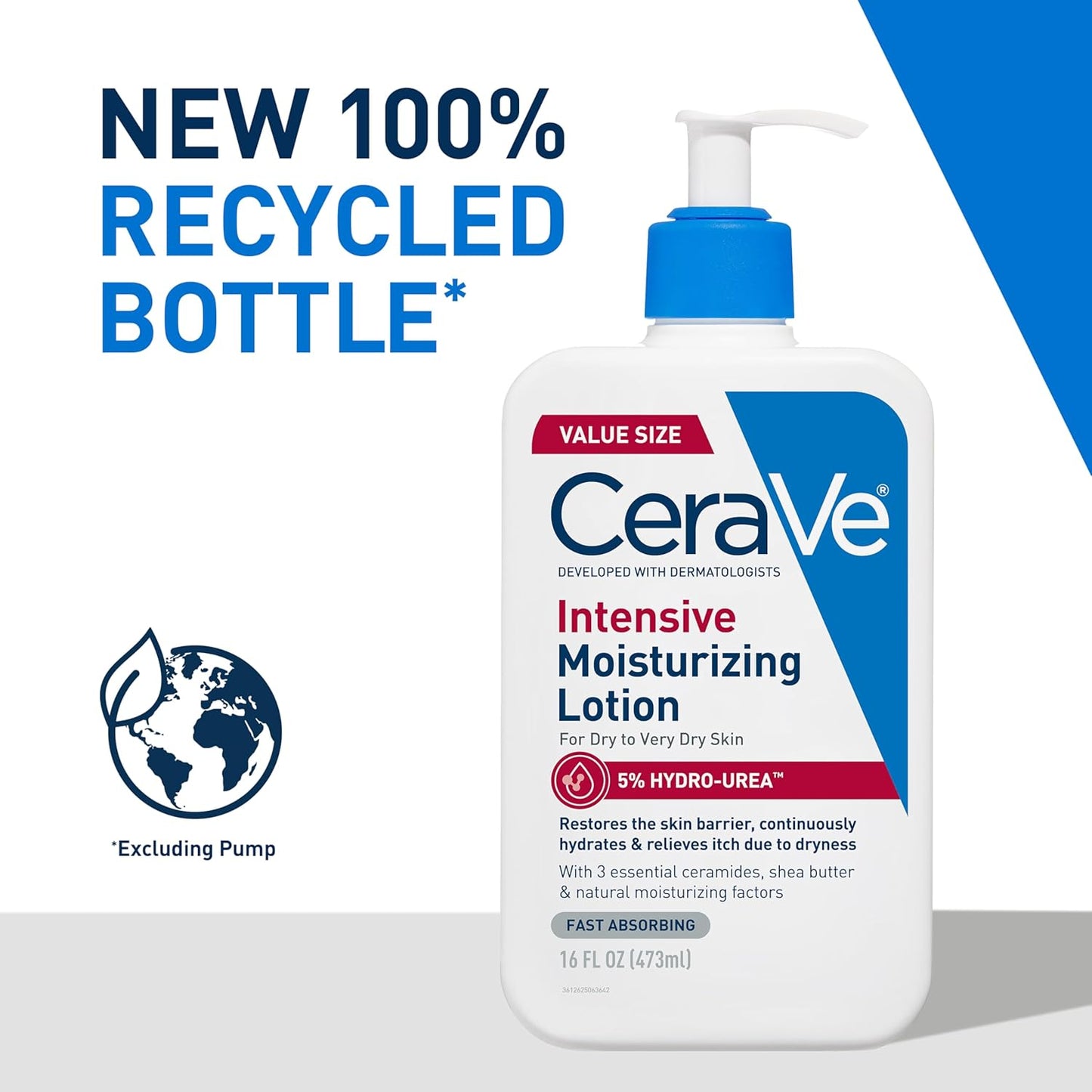 CeraVe intensive moisturizing lotion for dry skin in a 16oz bottle, 100% recycled packaging.