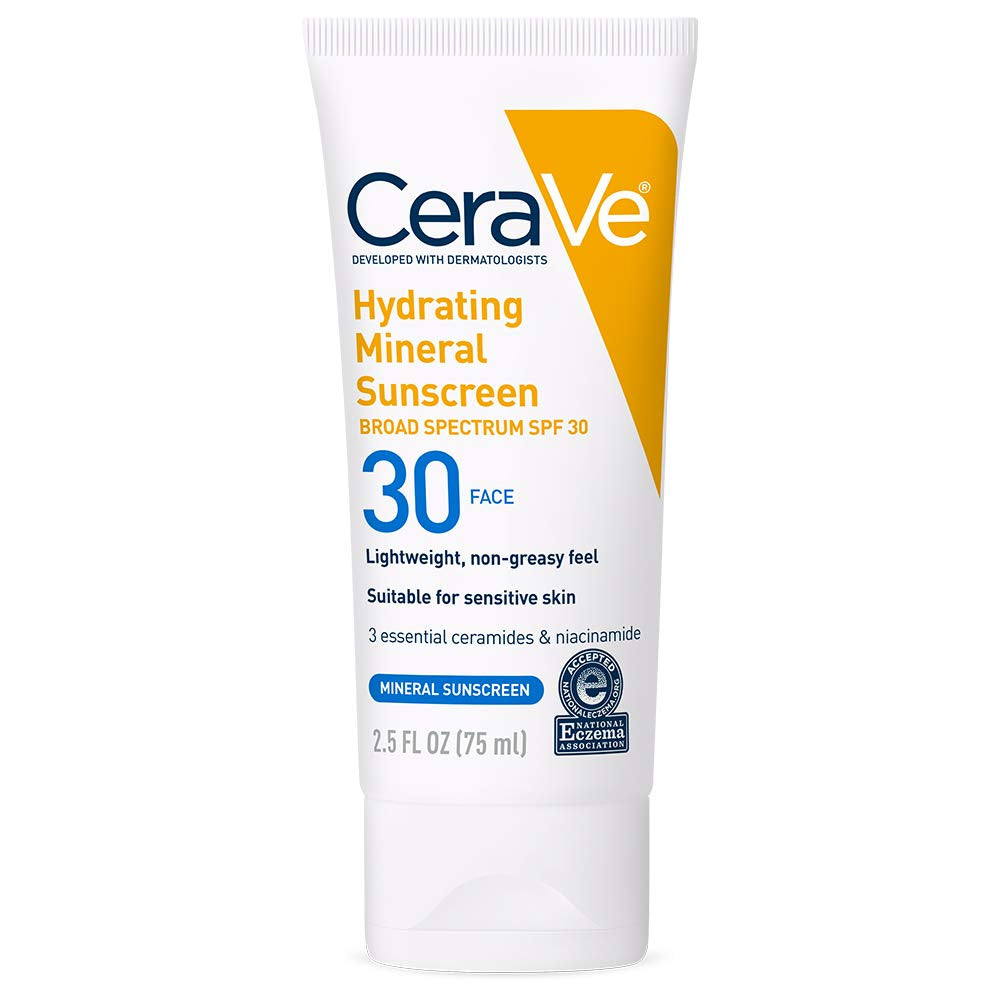 CeraVe 100% Mineral Sunscreen Face SPF 30 Niacinamide Travel Size 2.5 oz