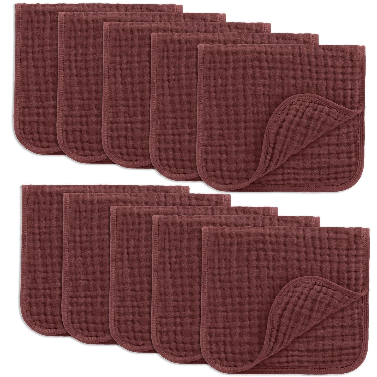Comfy Cubs Muslin Burp Cloths 20" X 10", Pack of 10 - Large, 6-Layer, Ultra Absorbent 100% Cotton for Baby Drool and Messes - Soft, Safe & Gentle Baby Burp Cloths Set for Boys & Girls - Wine