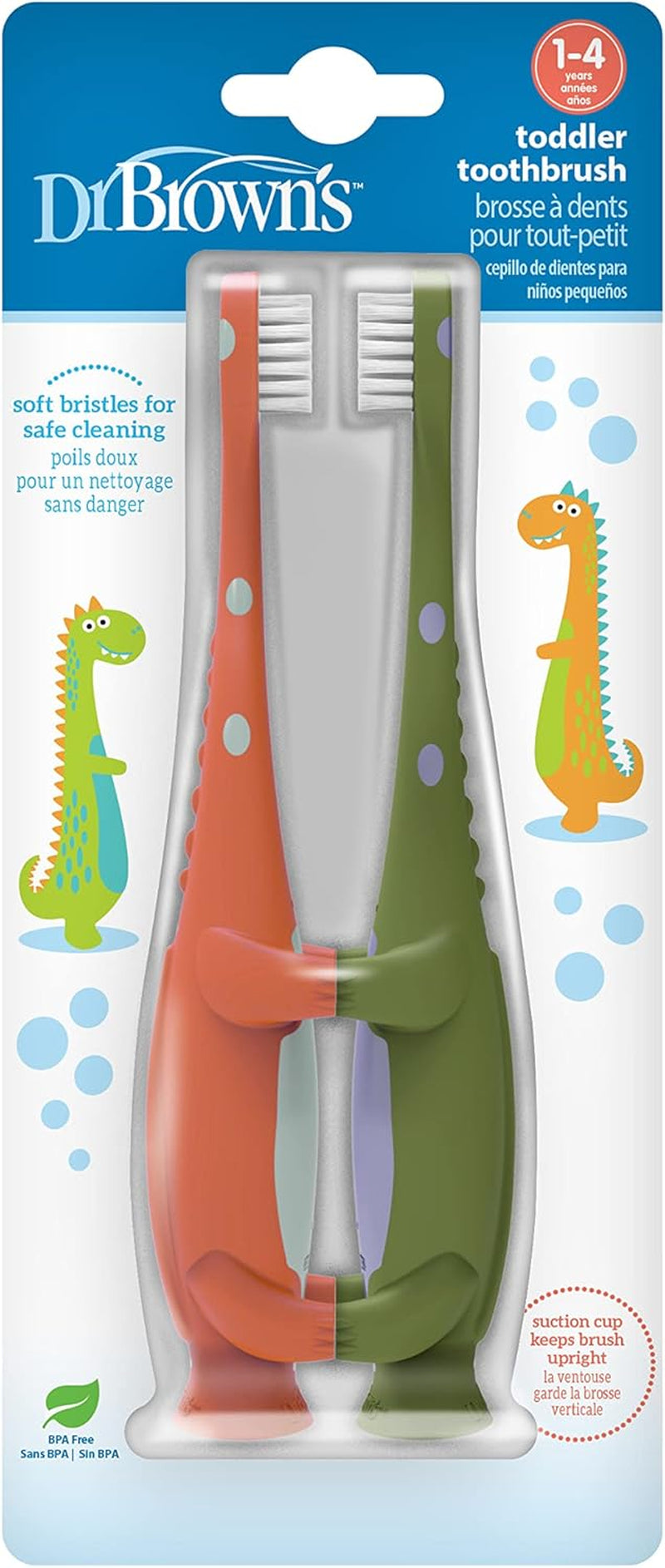 Baby and Toddler Toothbrush, Green and Orange Dinosaur 2-Pack, 1-4 Years