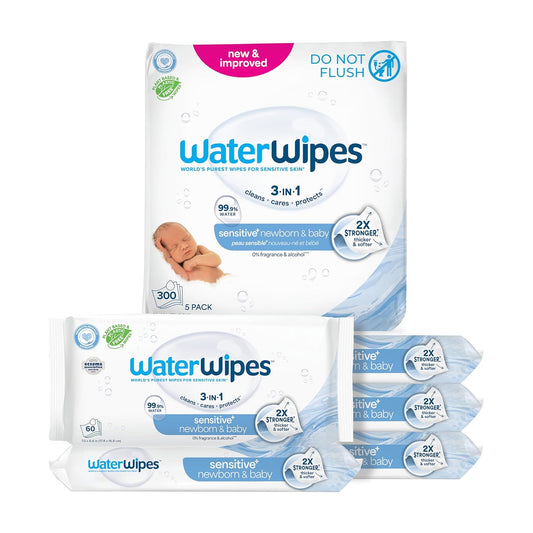 Waterwipes Sensitive+ Newborn & Baby Wipes, 3-In-1 Cleans, Cares, Protects, 99.9% Water, Unscented & Hypoallergenic, 300 Count (5 Packs)
