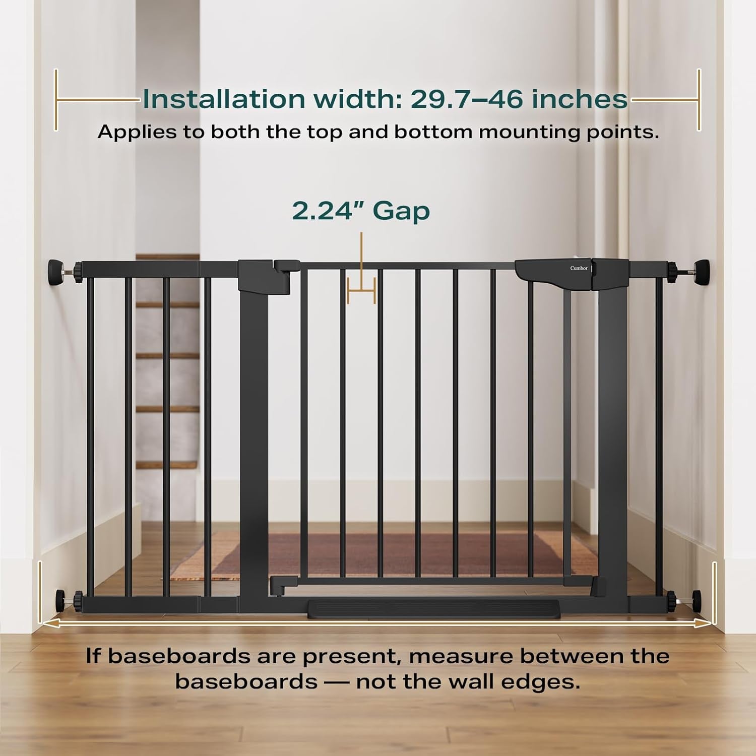 Cumbor 29.7-46" Baby Gate for Stairs, Mom'S Choice Awards Winner-Auto Close Dog Gate for the House, Gifts for Mom, Easy Install Pressure Mounted Pet Gates for Doorways, Black