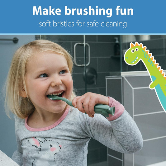 Baby and Toddler Toothbrush, Green and Orange Dinosaur 2-Pack, 1-4 Years